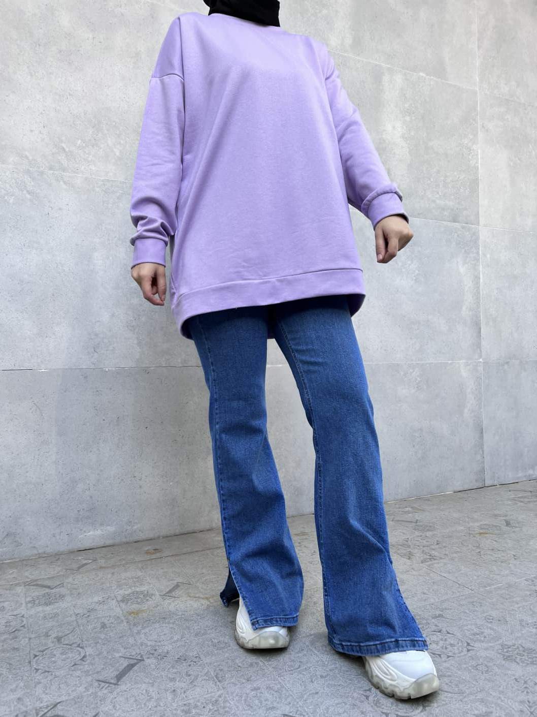 Düz Renk Basic Salaş Sweatshirt - Mor