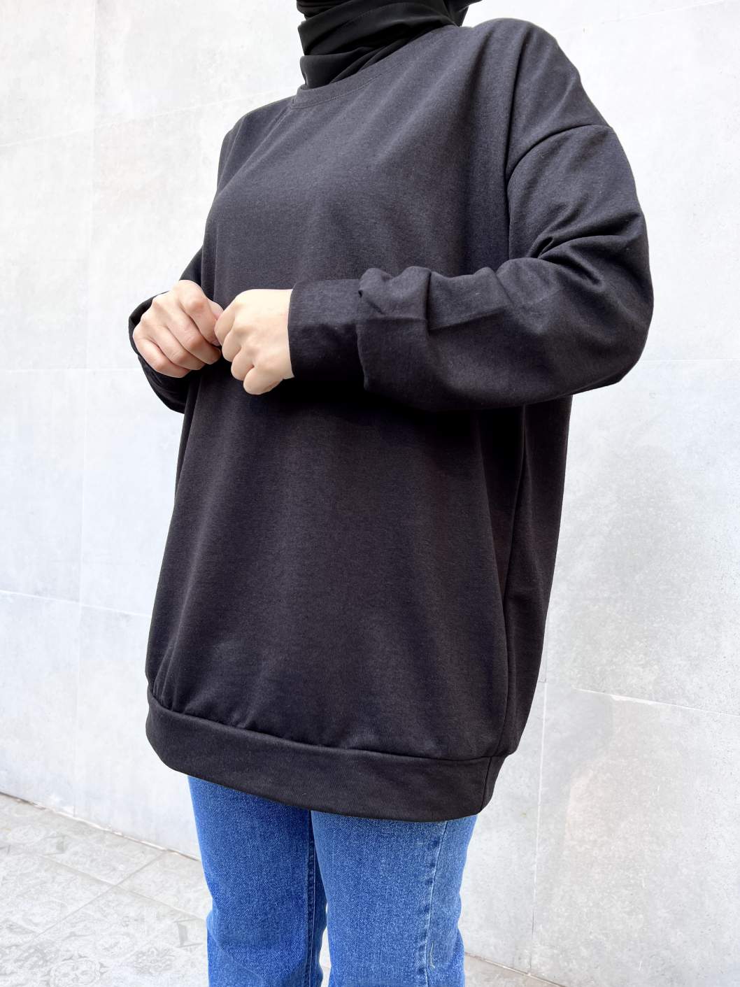 Düz Renk Basic Salaş Sweatshirt - Siyah Düz Renk Basic Salaş Sweatshirt - Siyah