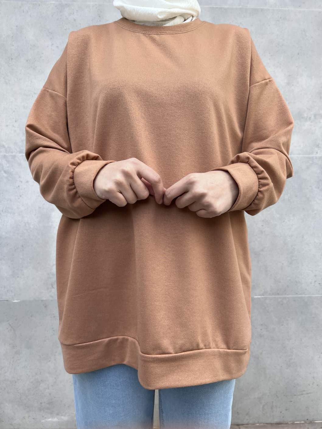 Düz Renk Basic Salaş Sweatshirt - Sütlü Kahve