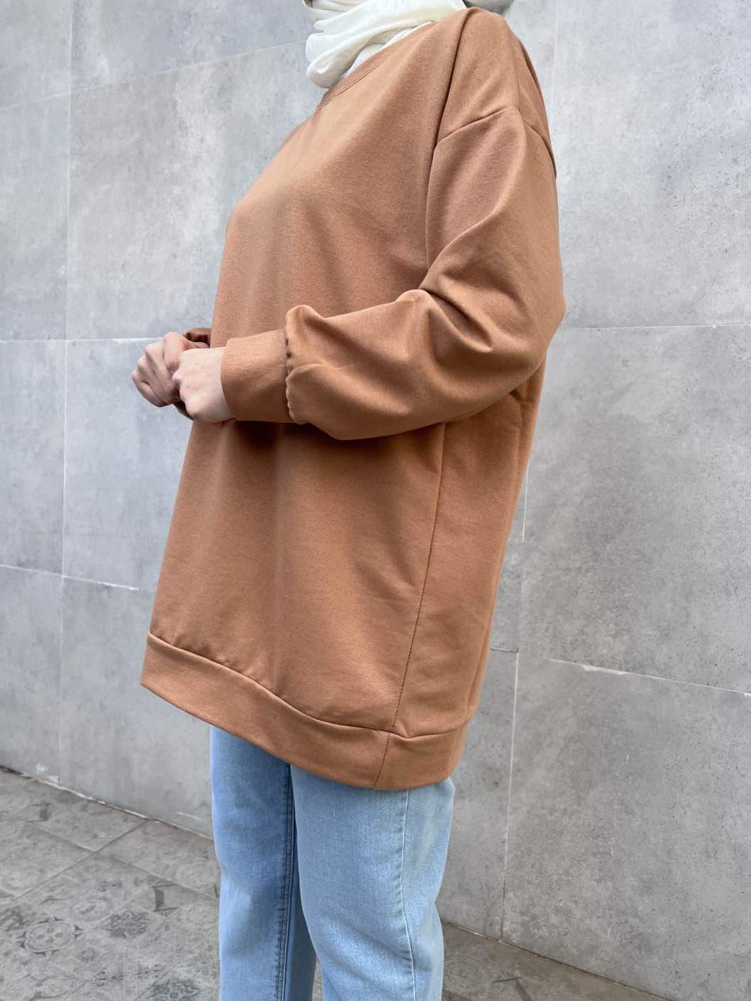 Düz Renk Basic Salaş Sweatshirt - Sütlü Kahve