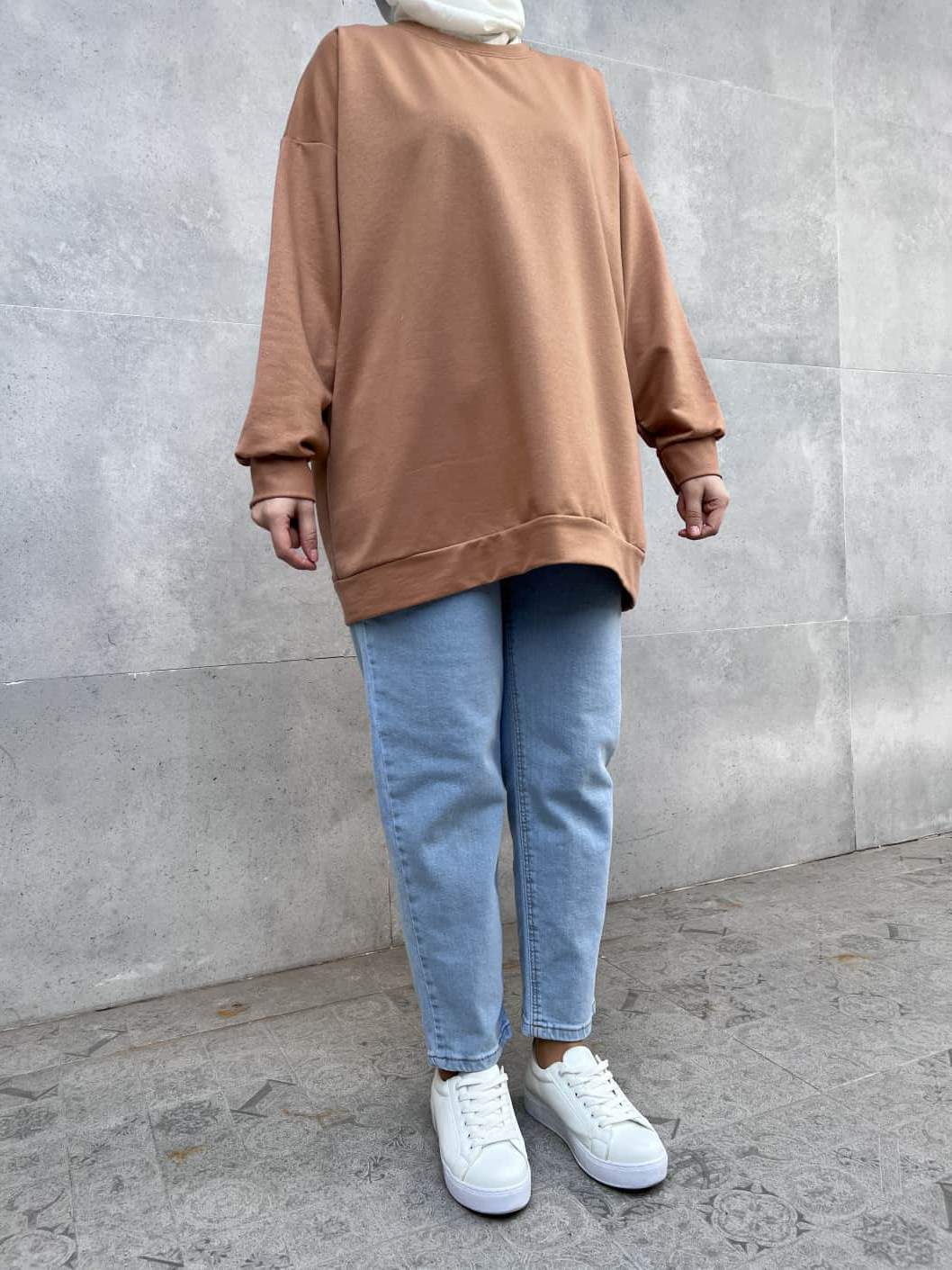 Düz Renk Basic Salaş Sweatshirt - Sütlü Kahve