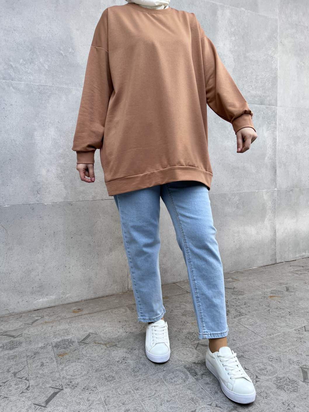Düz Renk Basic Salaş Sweatshirt - Sütlü Kahve
