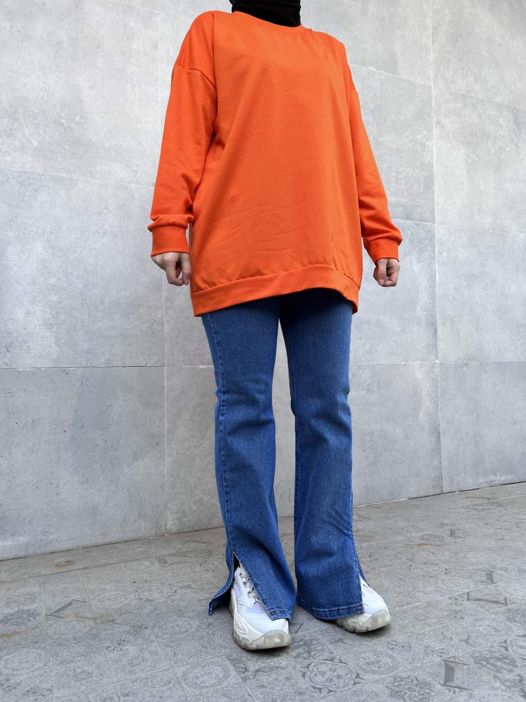 Düz Renk Basic Salaş Sweatshirt - Turuncu