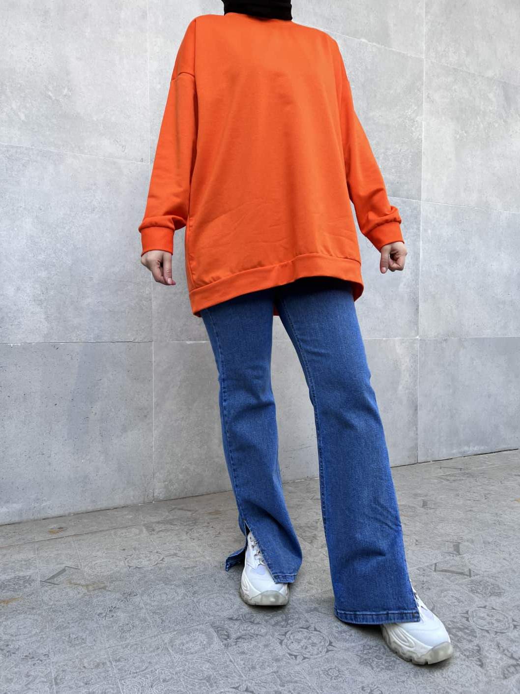 Düz Renk Basic Salaş Sweatshirt - Turuncu