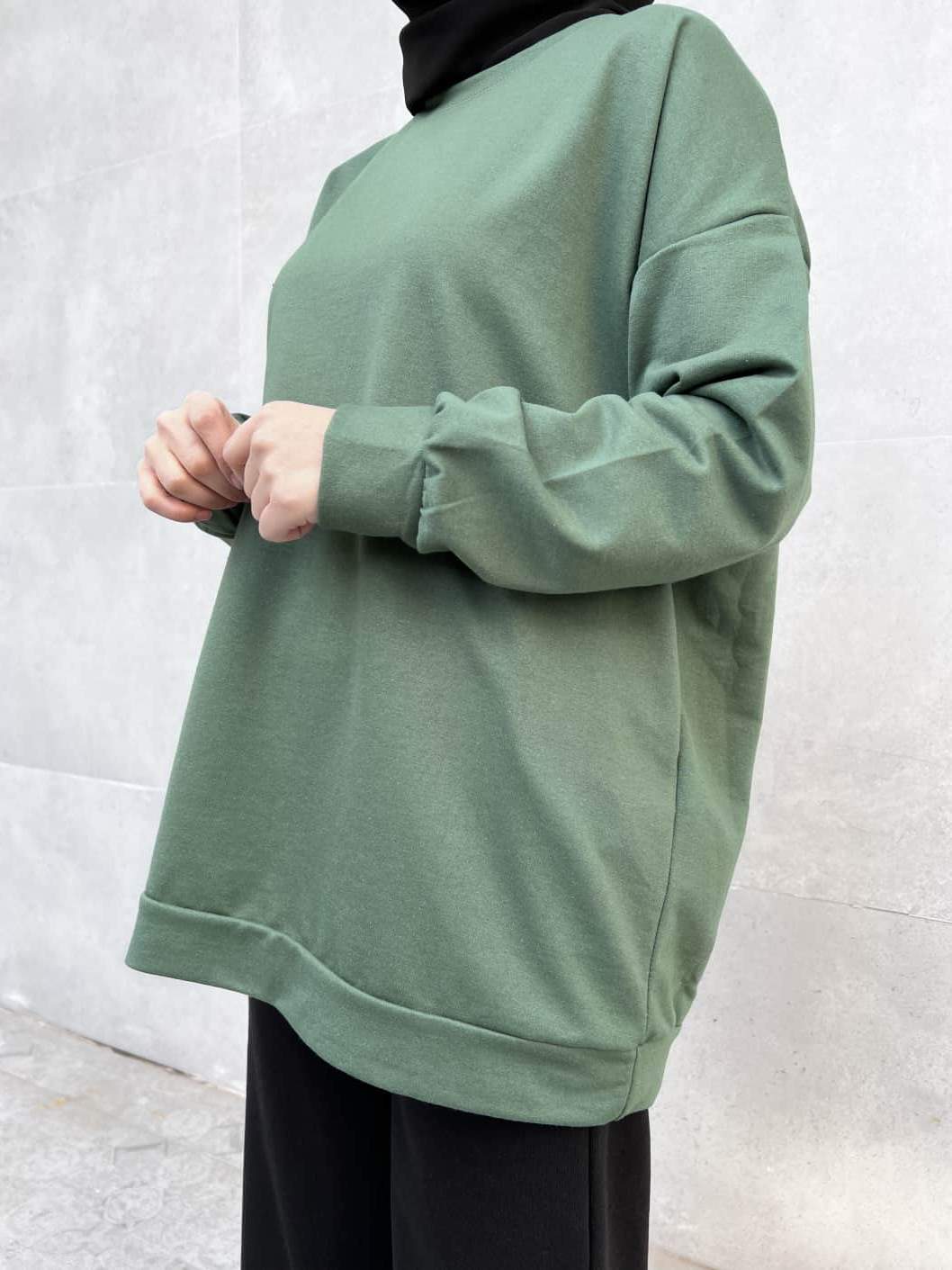 Düz Renk Basic Salaş Sweatshirt - Yeşil