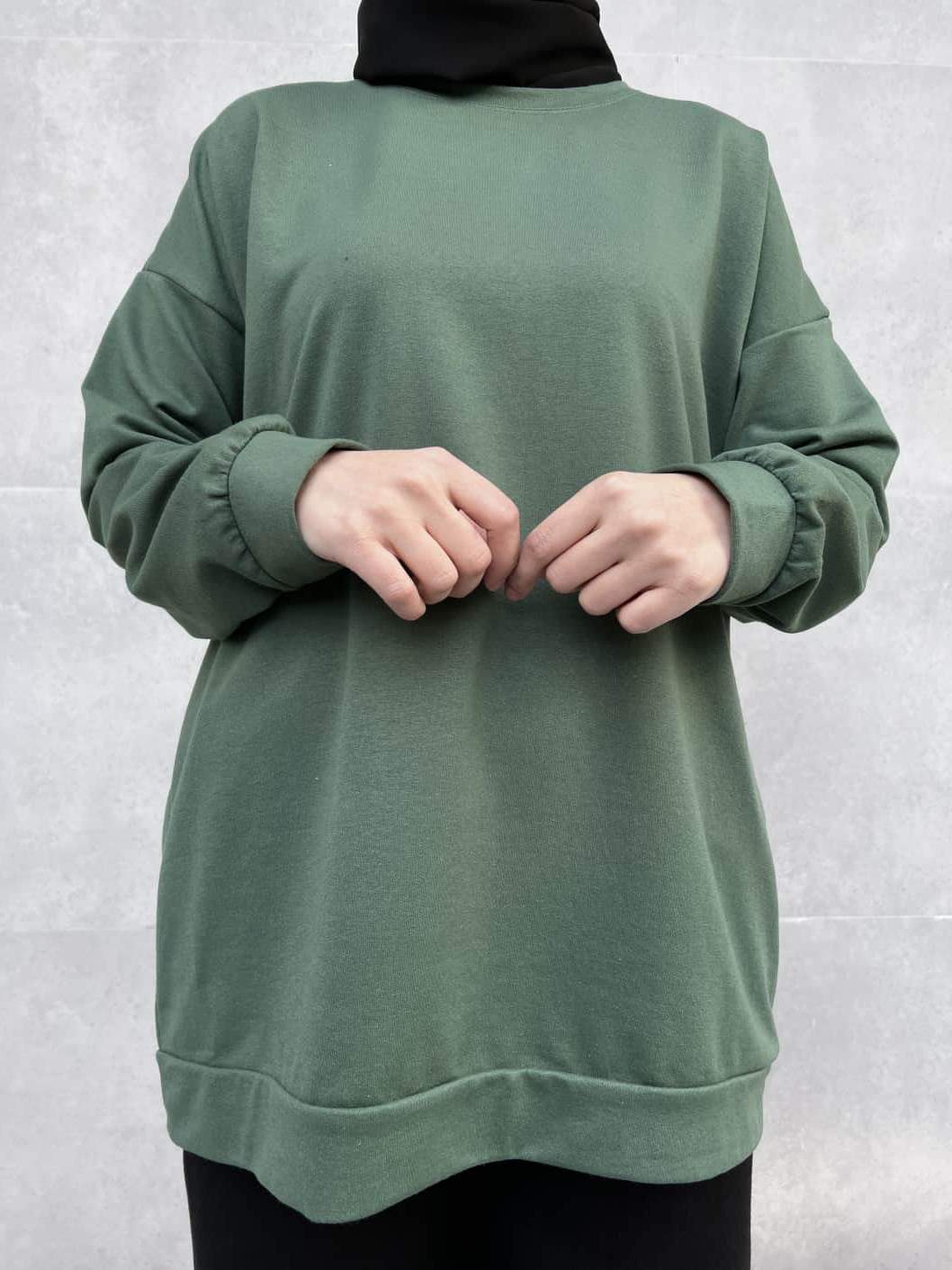 Düz Renk Basic Salaş Sweatshirt - Yeşil