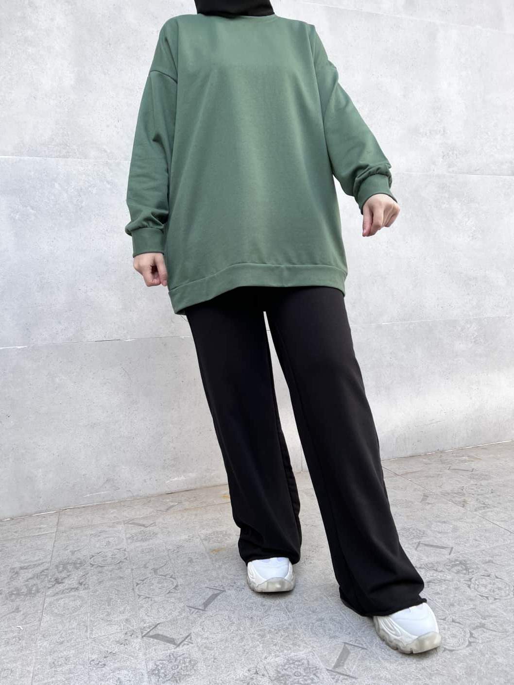 Düz Renk Basic Salaş Sweatshirt - Yeşil