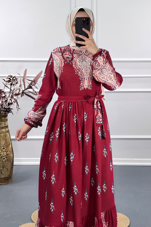 Ebru Desenli Elbise - Kırmızı