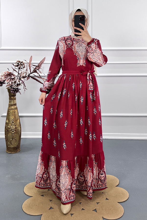 Ebru Desenli Elbise - Kırmızı