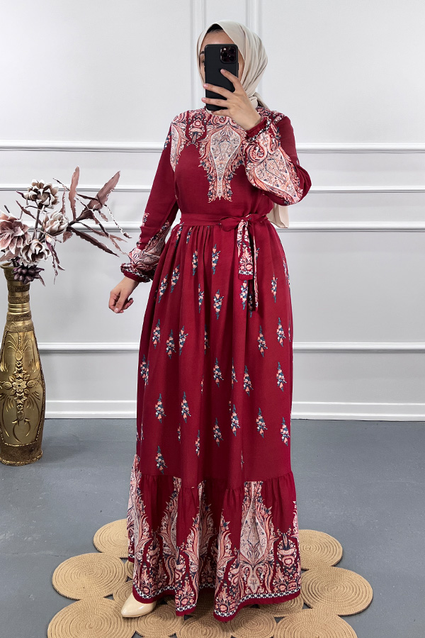 Ebru Desenli Elbise - Kırmızı