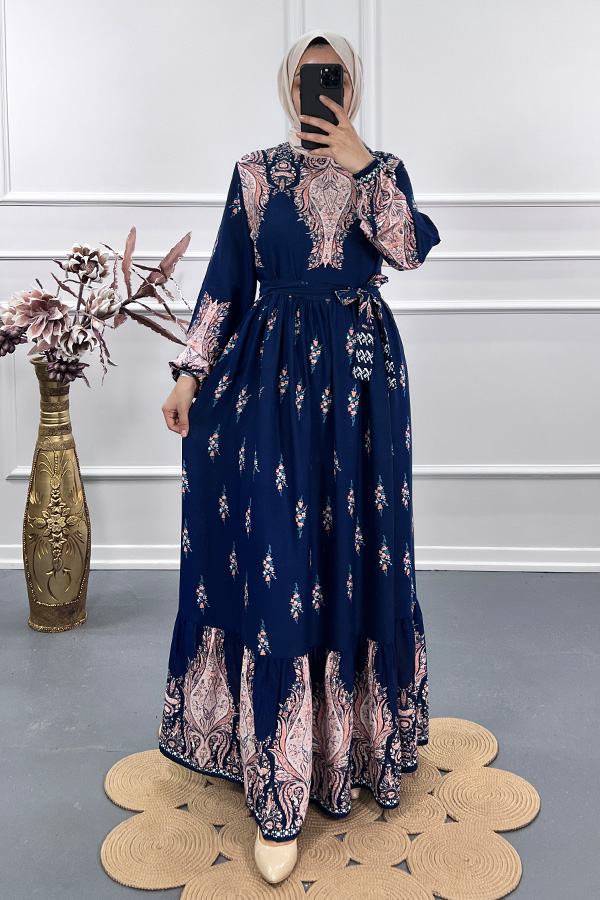 Ebru Desenli Elbise - Mavi