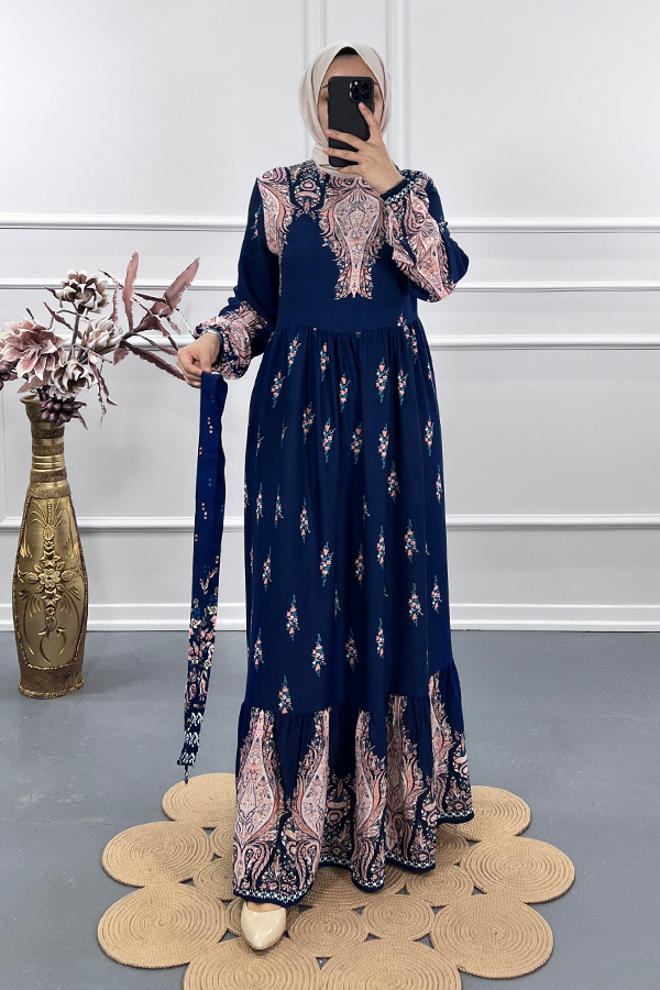 Ebru Desenli Elbise - Mavi