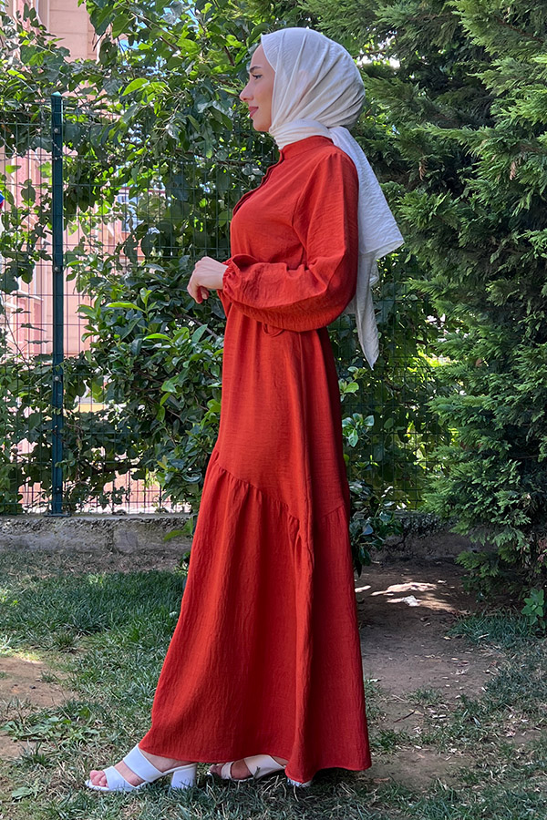 Eteği Çapraz Fırfırlı Elbise - Kiremit