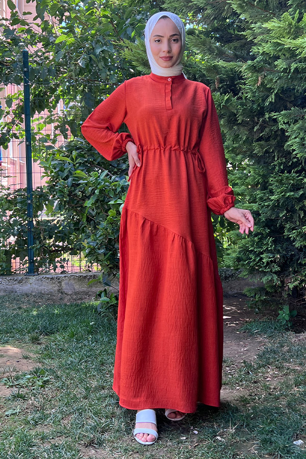 Eteği Çapraz Fırfırlı Elbise - Kiremit