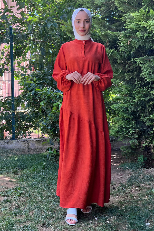 Eteği Çapraz Fırfırlı Elbise - Kiremit