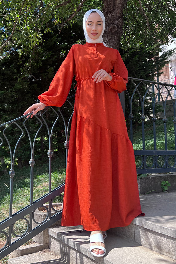 Eteği Çapraz Fırfırlı Elbise - Kiremit