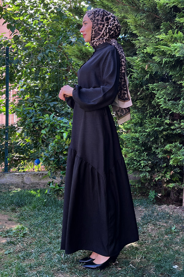 Eteği Çapraz Fırfırlı Elbise - Siyah