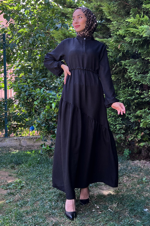 Eteği Çapraz Fırfırlı Elbise - Siyah