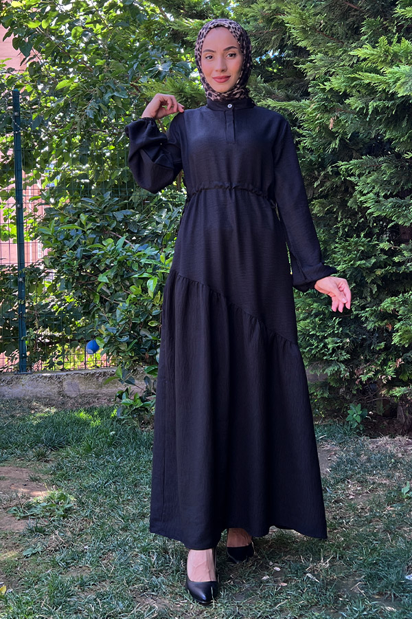 Eteği Çapraz Fırfırlı Elbise - Siyah