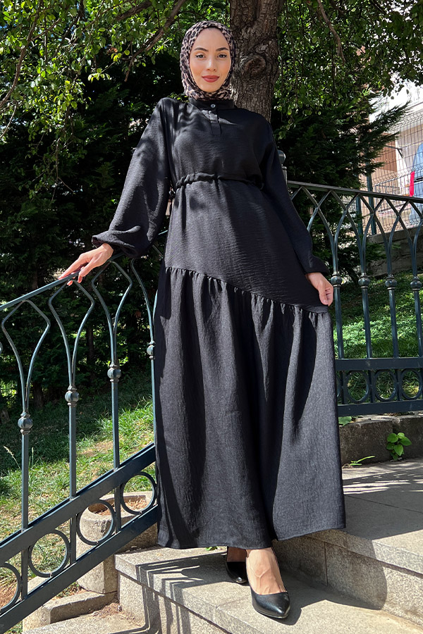 Eteği Çapraz Fırfırlı Elbise - Siyah