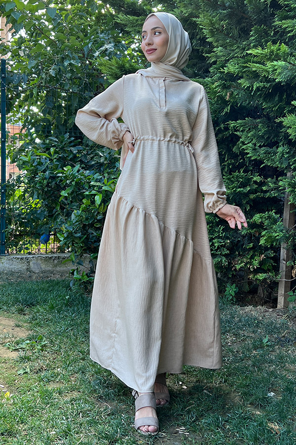 Eteği Çapraz Fırfırlı Elbise - Taş