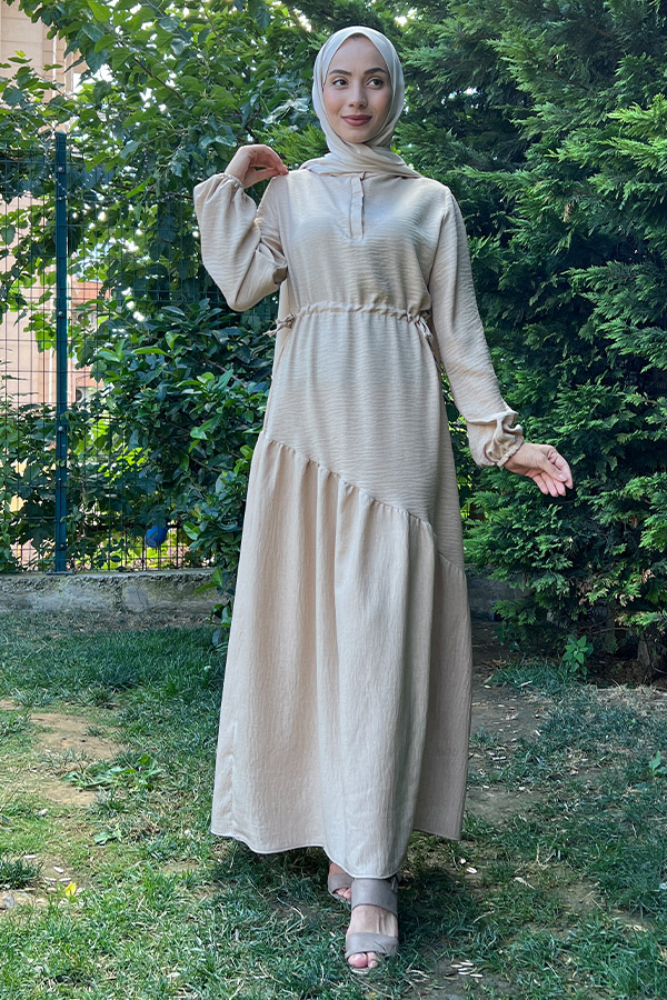 Eteği Çapraz Fırfırlı Elbise - Taş