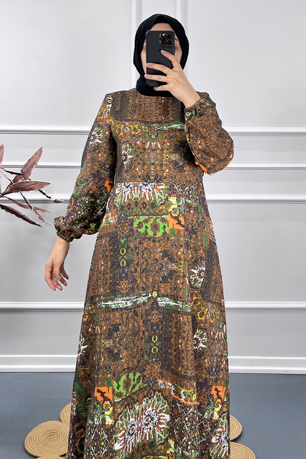 Etnik Desen Elbise - Kahverengi
