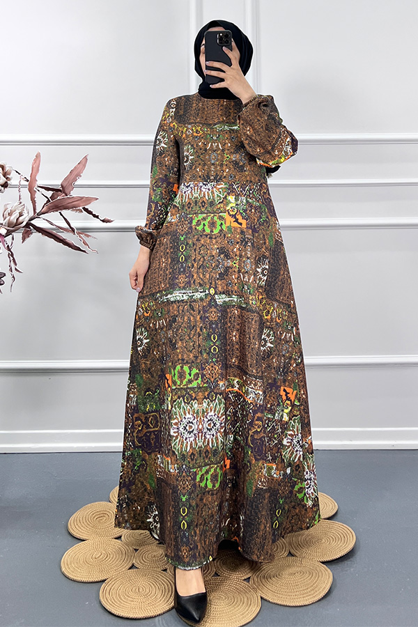 Etnik Desen Elbise - Kahverengi