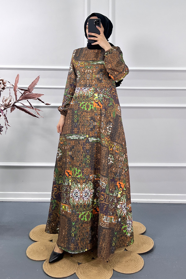 Etnik Desen Elbise - Kahverengi