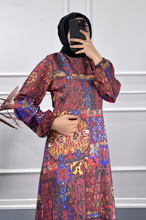 Etnik Desen Elbise - Kırmızı Etnik Desen Elbise - Kırmızı