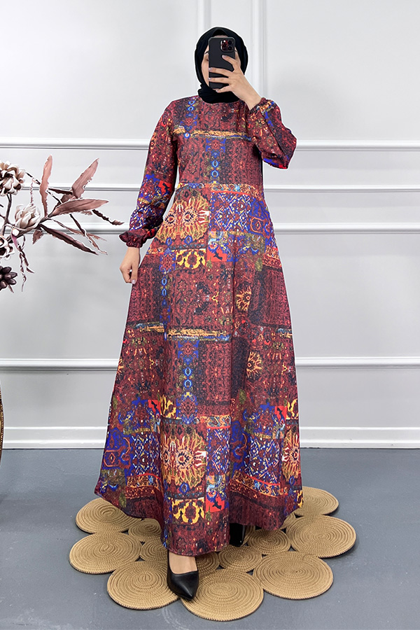 Etnik Desen Elbise - Kırmızı Etnik Desen Elbise - Kırmızı