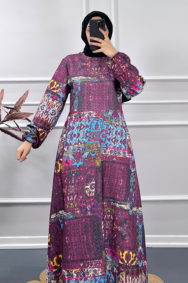 Etnik Desen Elbise - Mor