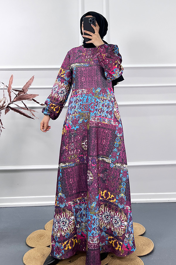 Etnik Desen Elbise - Mor