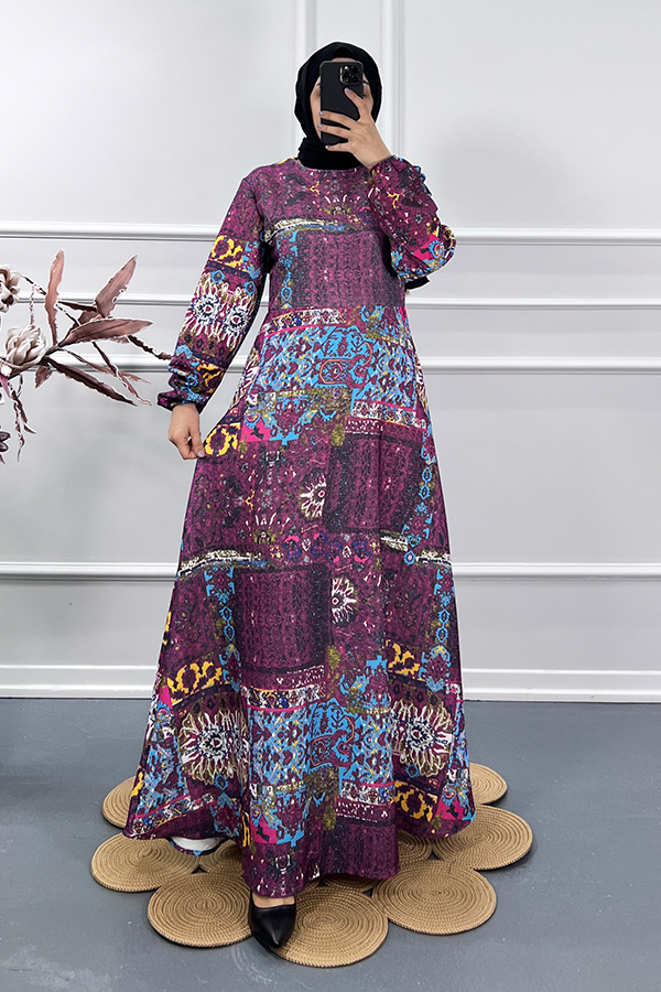 Etnik Desen Elbise - Mor