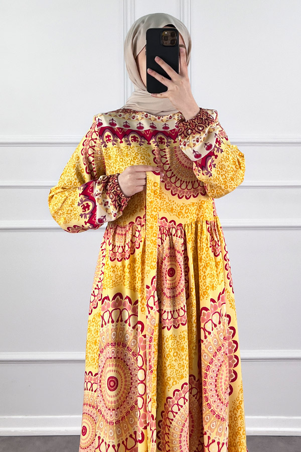 Etnik Desen Pamuk Viskon Elbise - Sarı