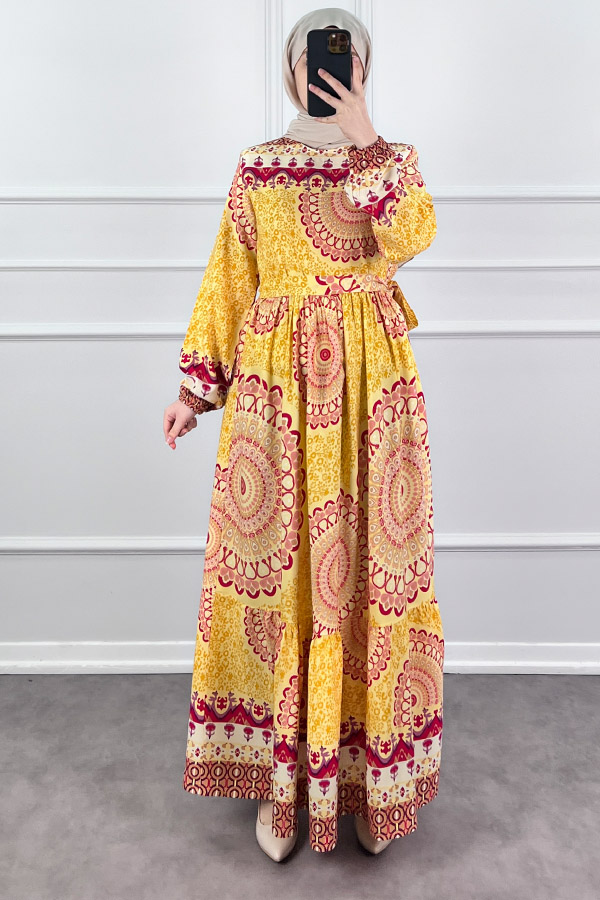 Etnik Desen Pamuk Viskon Elbise - Sarı