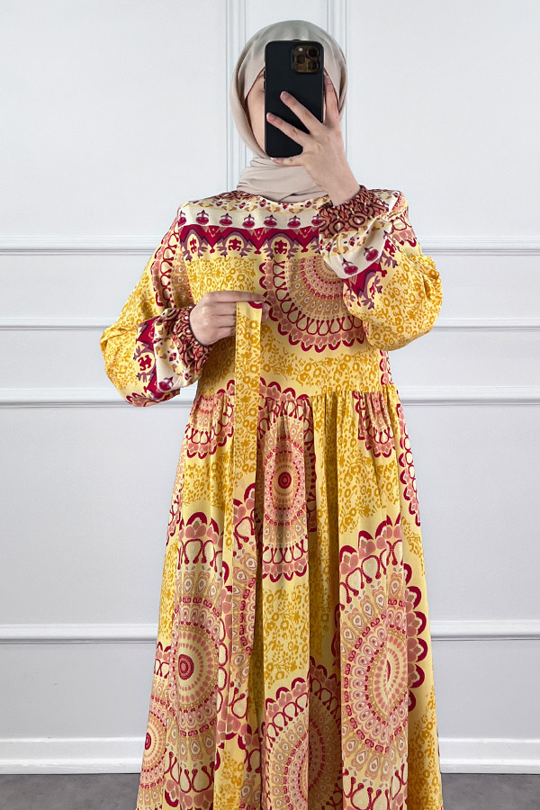 Etnik Desen Pamuk Viskon Elbise - Sarı