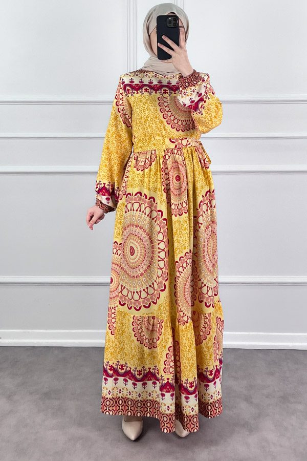 Etnik Desen Pamuk Viskon Elbise - Sarı