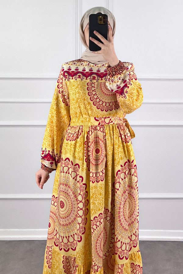 Etnik Desen Pamuk Viskon Elbise - Sarı