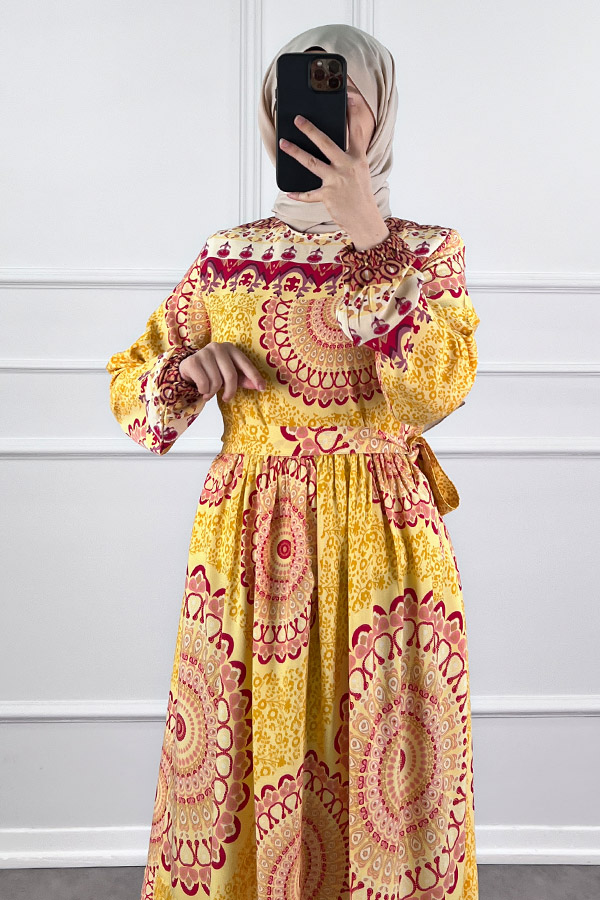 Etnik Desen Pamuk Viskon Elbise - Sarı