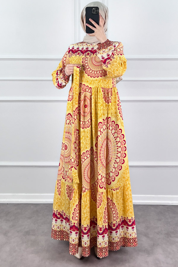 Etnik Desen Pamuk Viskon Elbise - Sarı