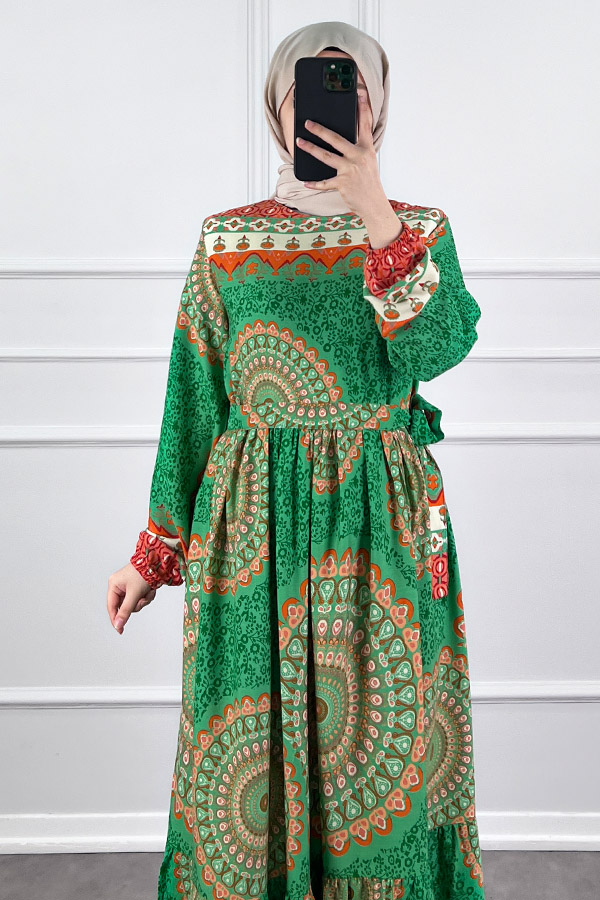Etnik Desen Pamuk Viskon Elbise - Yeşil