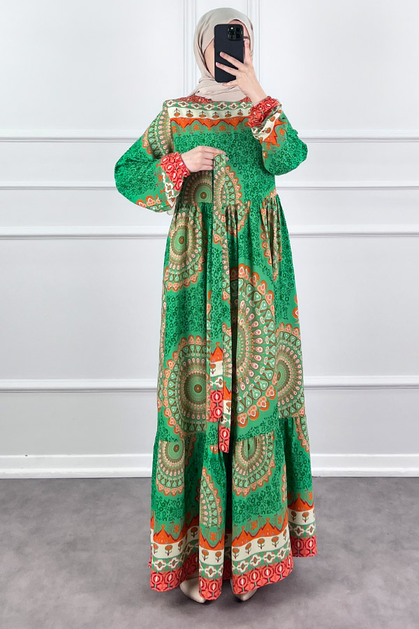 Etnik Desen Pamuk Viskon Elbise - Yeşil