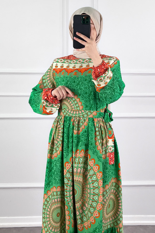 Etnik Desen Pamuk Viskon Elbise - Yeşil
