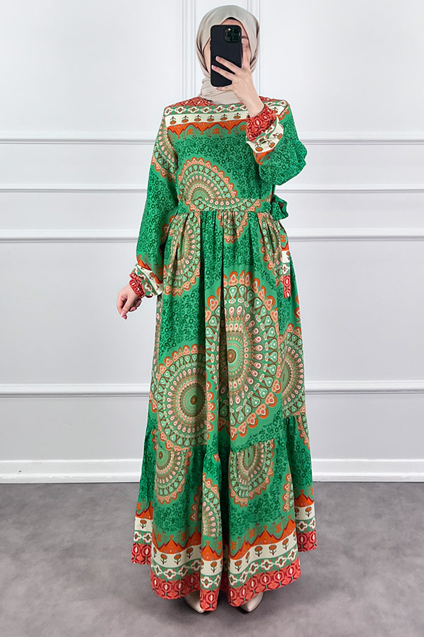 Etnik Desen Pamuk Viskon Elbise - Yeşil