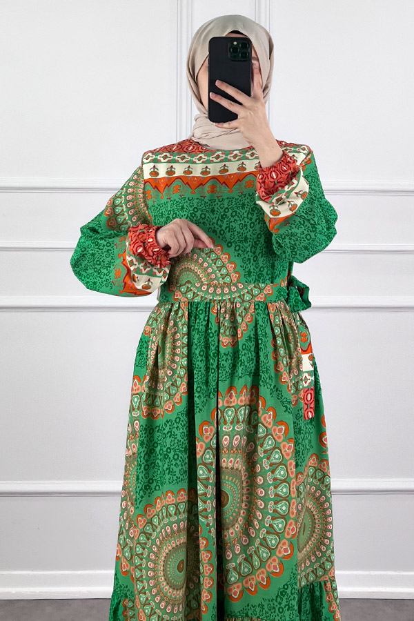 Etnik Desen Pamuk Viskon Elbise - Yeşil