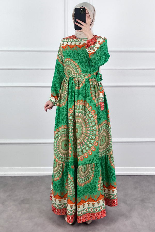 Etnik Desen Pamuk Viskon Elbise - Yeşil