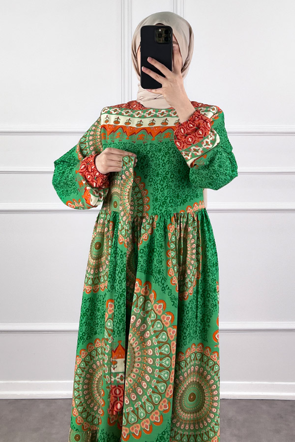 Etnik Desen Pamuk Viskon Elbise - Yeşil