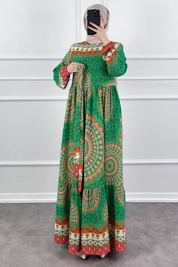 Etnik Desen Pamuk Viskon Elbise - Yeşil