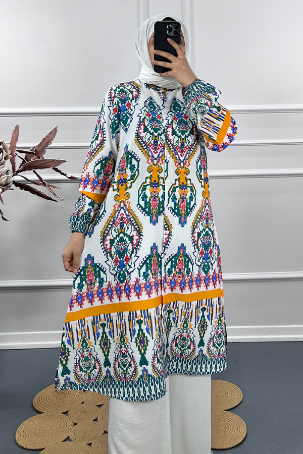 Etnik Desen Tunik - Beyaz